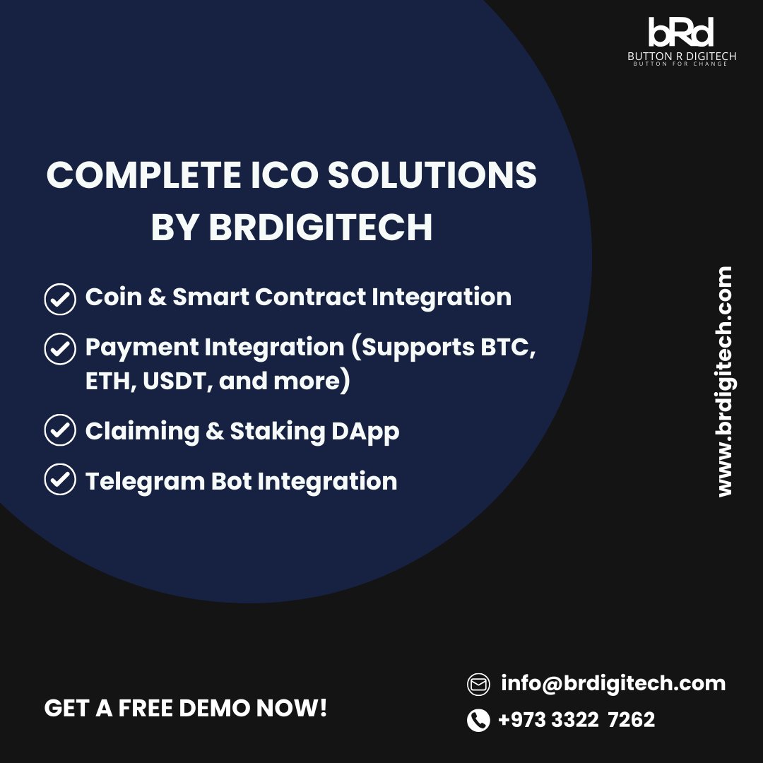 brdigitech_'s tweet image. Unlock complete ICO solutions with BRDigitech!
Contact us at info@brdigitech.com or +973 3322 7262. Visit brdigitech.com. DM us anytime!
#icosolutions #icolaunch #icodevelopment #blockchainico #brdigitech