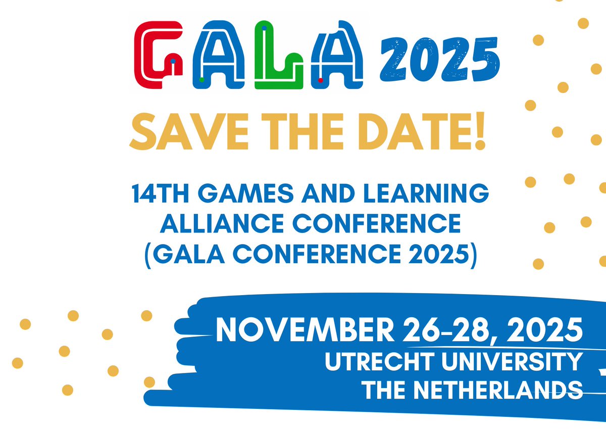 🎉 GOOD NEWS and SAVE THE DATE! 🎉 
It is with great pleasure that we announce that Utrecht University will host the GALA 2025 conference, on November 26-28, 2025!
📆 Save the date everyone and hope to see you all at Utrecht in 2025! 
#education #learning #games #seriousgames