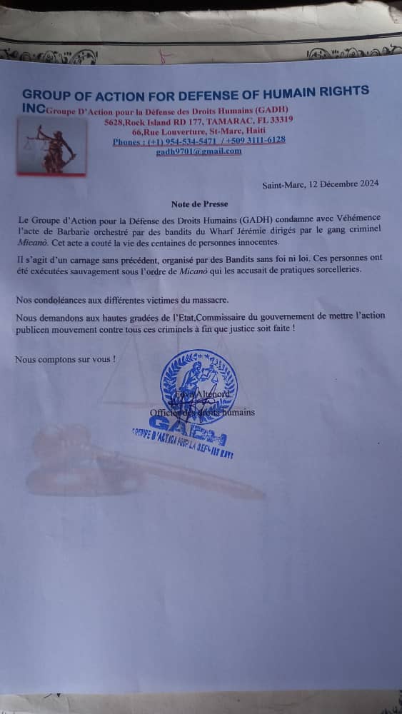 Le GADH exige que lumière soit faite autour de ce qui s'est passé au Warf de Jérémie deux semaines de cela