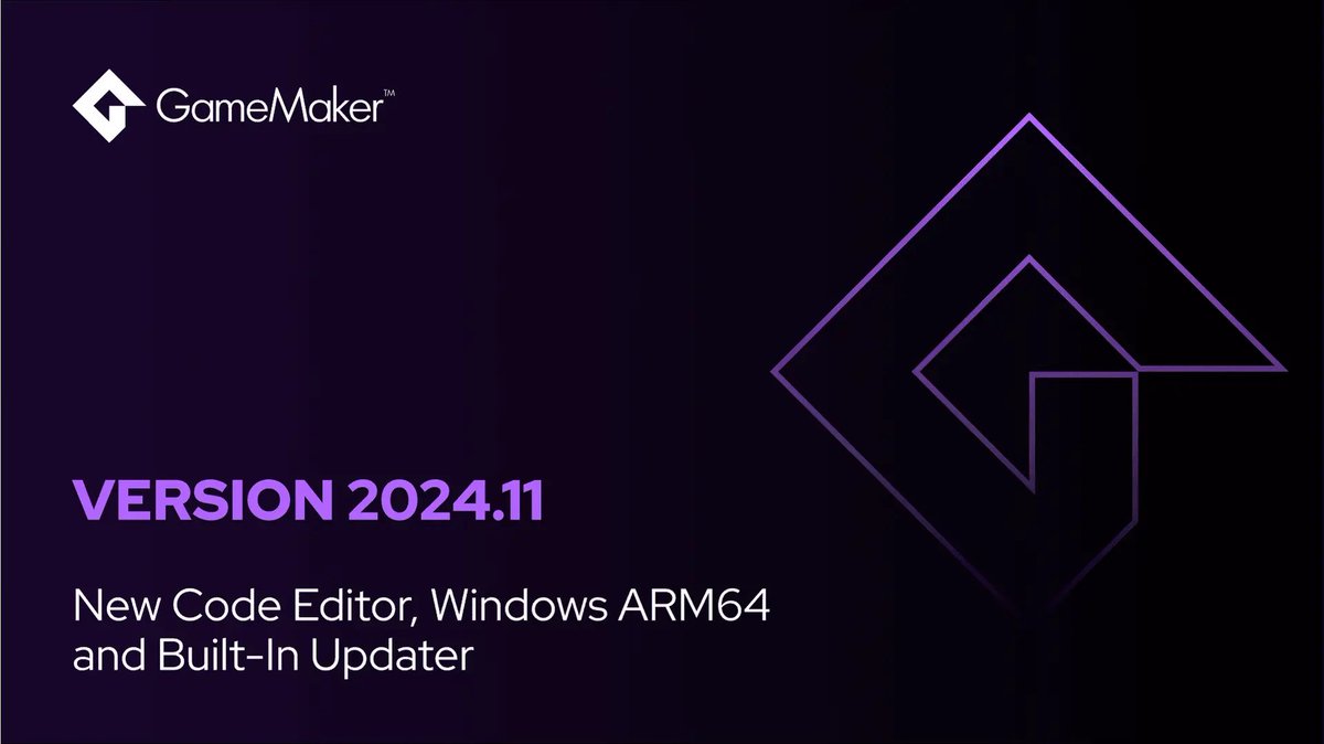 Version 2024.11 is out now! It features the ✨SHINEY✨ new code editor, Windows ARM64 support, a built in updater and more. Read the full details below

🔗 gamemaker.io/en/blog/releas…