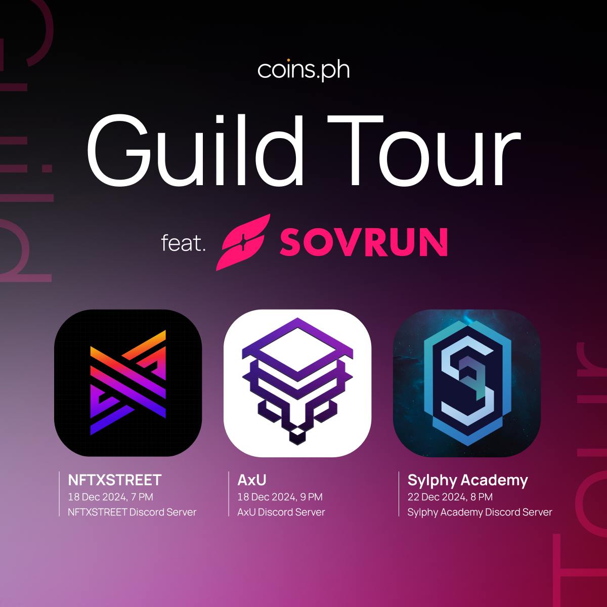 GM, AxU fam!  

Join us for an exciting Guild Tour session with our Partner <a href="/coinsph/">Coins.ph</a>  featuring <a href="/SovrunOfficial/">Sovrun</a> tom ~ 12/18 at 9PM (AMA Stage) with AxU Cofounder <a href="/AxUKenYGG1/">Ken</a>, Jaffa from Coins.ph and Bea Llana from Sovrun!

discord.gg/axu