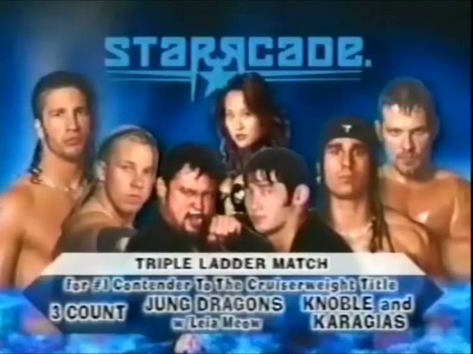 wrestle_hist's tweet photo. 12/17/2000
3 Count defeated The Jung Dragons, and Evan Karagias & Jamie Noble in a Ladder Match at Starrcade from the MCI Center in Washington, D.C.
#WCW #Starrcade #3Count #ShaneHelms #ShannonMoore #JungDragons #KazHayashi #YunYang #LeiaMeow #EvanKaragias #JamieNoble https://t.co/6FeT7Y5lfI