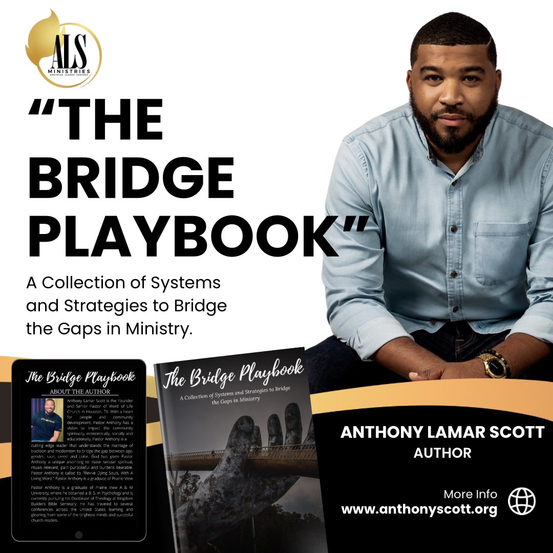 AnthonyLScott's tweet photo. I am happy to announce the release of my FIRST book! I want to invite you to Pre-Order NOW‼️ If you pastor, lead, or work anywhere in Ministry; add this book to your resources! #TheBridgePlaybook #Ministry 

https://t.co/CJknPcmDSX https://t.co/0hlNdkLvnj