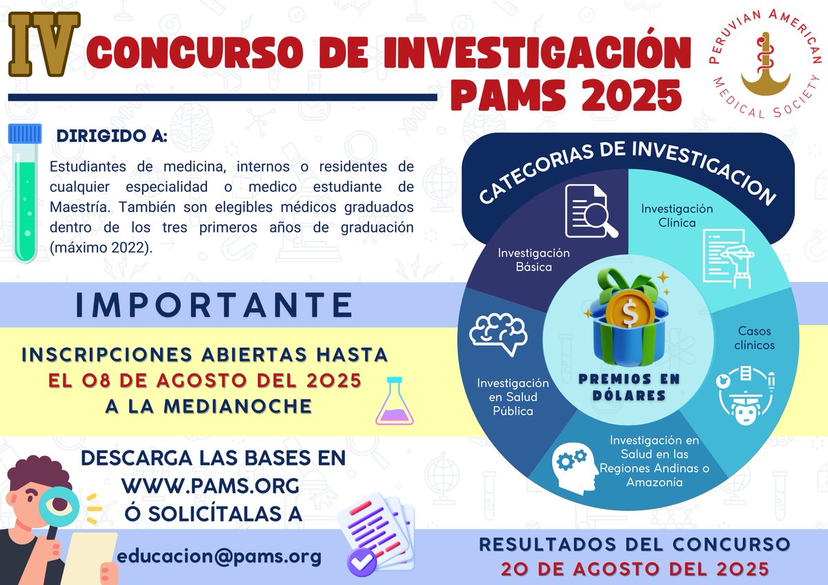 ✅¡Participa en el IV Concurso de Investigación PAMS 2025! 
Dirigido a estudiantes, internos, residentes y médicos en formación. Inscripciones abiertas hasta el 8 de agosto de 2025.
👉Descarga las bases en pams.org o solicita más información a educacion@pams.org.
