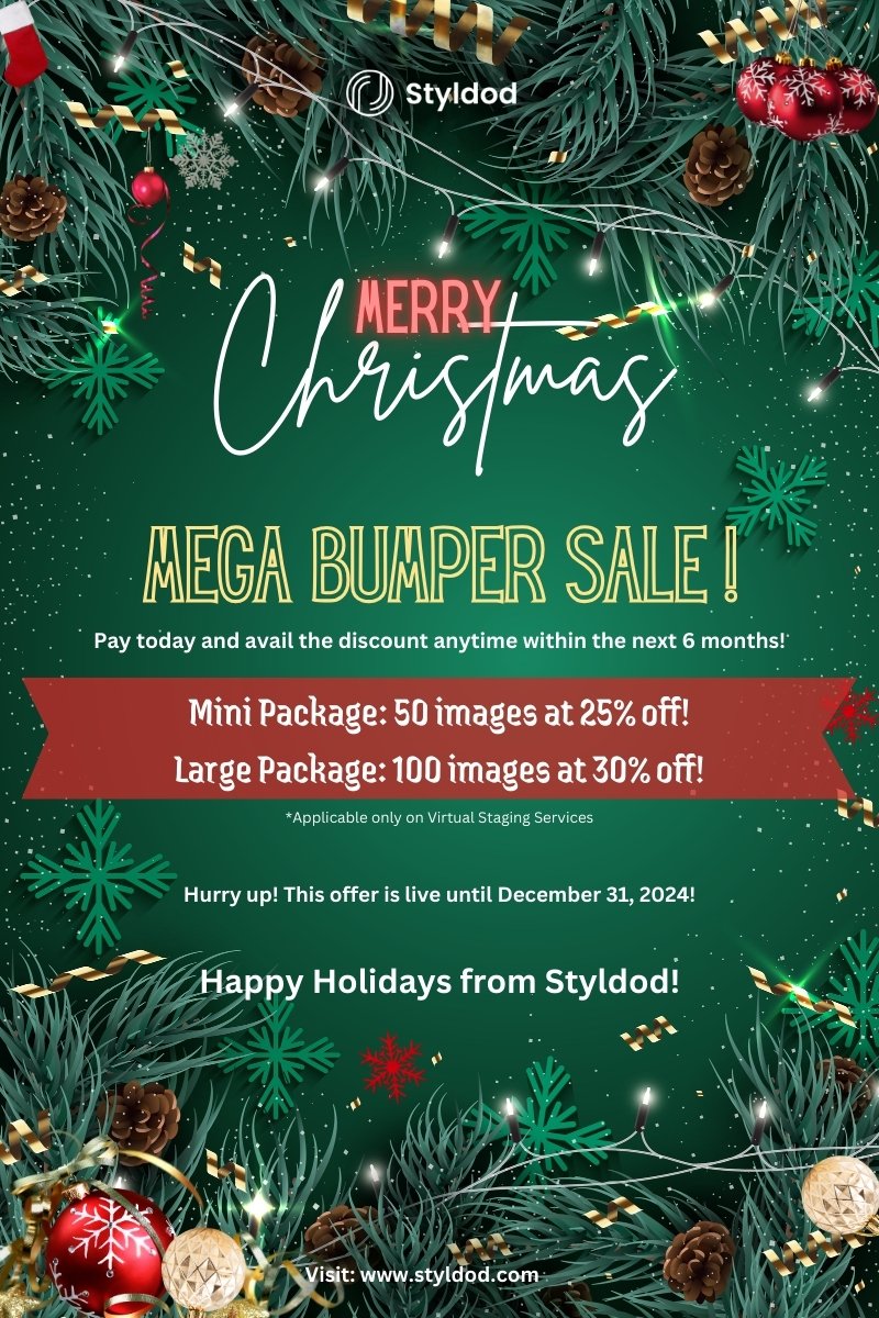 styldod's tweet photo. Wait is over! Styldod's Christmas Mega Bumper Sale is here 🌲
Transfer your spaces with our unbeatable Holiday Deal on Virtual staging

Click the link and save big 
https://t.co/pRvATcZu3D

#christmasoffer #RealEstate #virtualstaging
#offers #Christmas #Deals https://t.co/jwzhMIwpHd