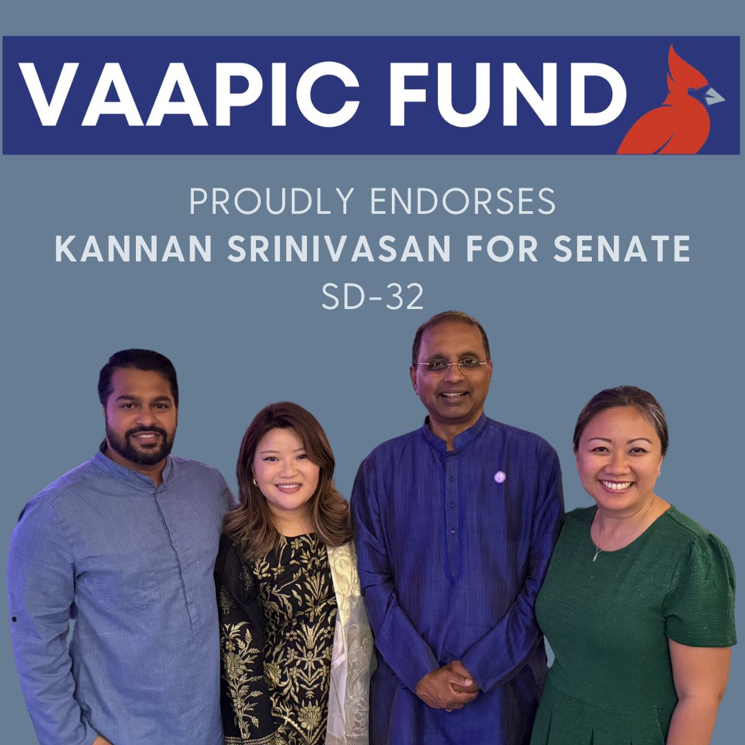 VAAPIC Fund (@vaapicfund) on Twitter photo We are proud to endorse <a href="/Kannanforva/">Senator Kannan Srinivasan</a> in #SD32! Loudoun needs proven leadership. Kannan has consistently delivered real results for our families. Vote to keep Virginia moving forward! Learn more about Kannan's campaign & make a plan to vote on January 7th: kannanforvirginia.com We are proud to endorse <a href="/Kannanforva/">Senator Kannan Srinivasan</a> in #SD32! Loudoun needs proven leadership. Kannan has consistently delivered real results for our families. Vote to keep Virginia moving forward! Learn more about Kannan's campaign & make a plan to vote on January 7th: kannanforvirginia.com