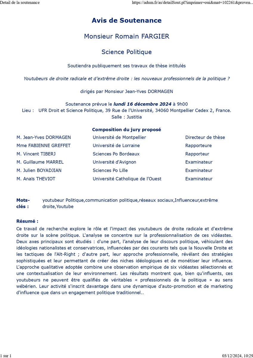 ED_DSP_UM's tweet image. Félicitations à @FargierRomain du @CEPEL_UM  pour la soutenance de sa thèse intitulée "Youtubeurs de droite radicale et d'extrême droite : les nouveaux professionnels de la politique ?" !
Jury : @BoyadjianJulien, @jydormagen (dir), @FabGreffet, G. Marrel, @VTiberj &amp;amp; Anaïs Theviot