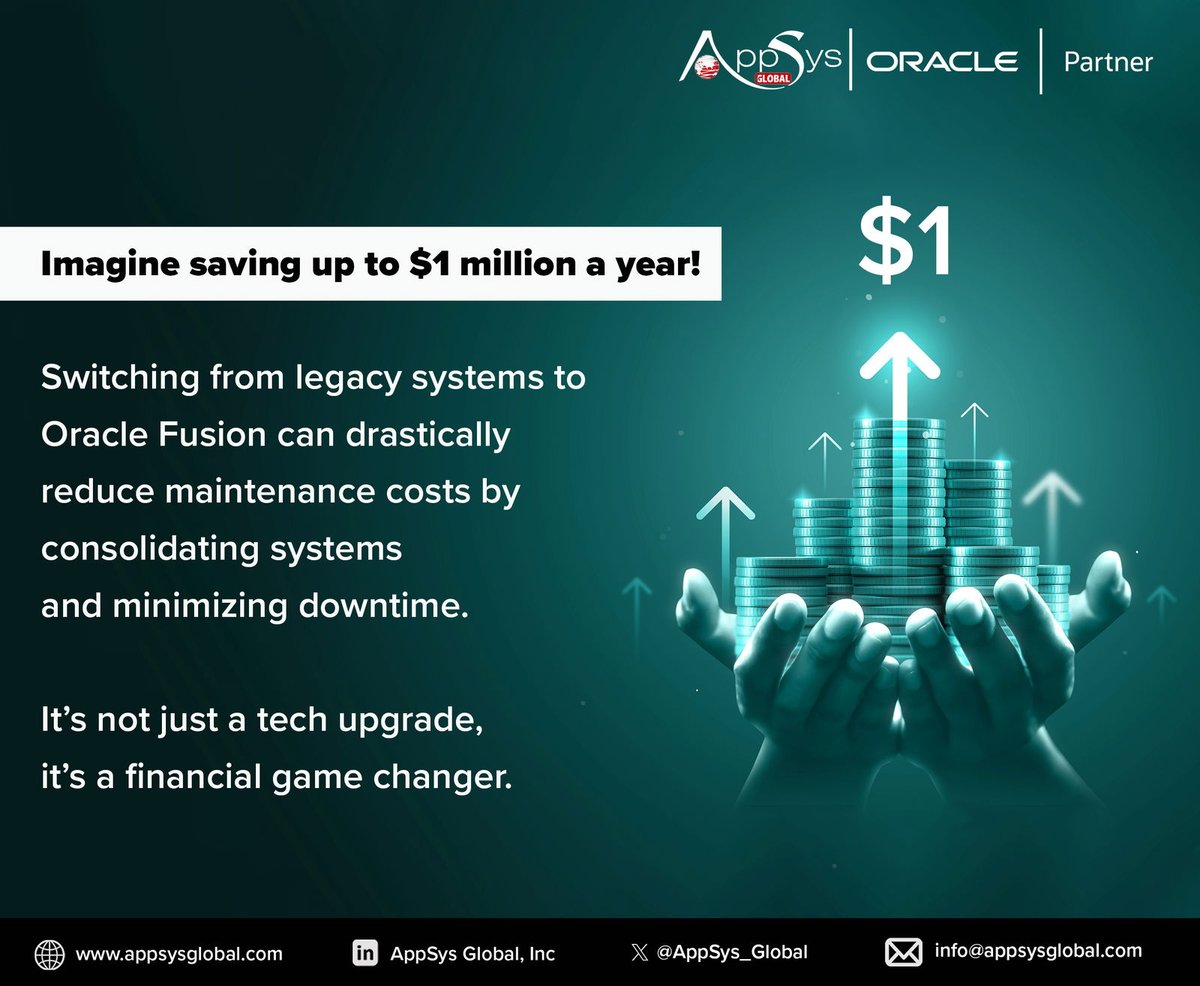 AppSys_Global's tweet photo. Save up to $1M annually by switching from legacy systems to Oracle Fusion. Cut maintenance costs and boost uptime transform your financial game!

#TechUpgrade #FinancialGamechanger #AppsysGlobal #OracleFusion #TechSavings

https://t.co/tmiZsWh5tr | info@appsysglobal.com https://t.co/7nDK6kvE3H