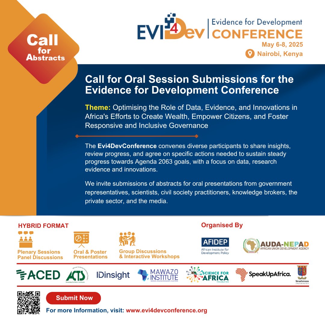 Take the Stage!  
 
Share your insights and research at the #Evi4DevConference. Submit your oral session abstracts now and contribute to shaping Africa's development through data, evidence, and innovation!

Visit evi4devconference.org to learn more and submit.
Deadline: January