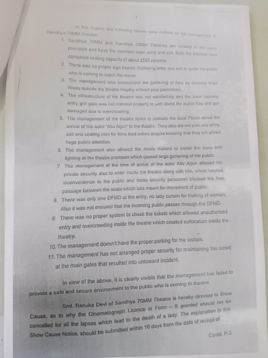 JafferyAzmath's tweet photo. #Hyderabad----

@hydcitypolice serve Show Cause notice to #SandhyaTheatre over lapses leading to the tragic death of a woman during  the premiere of #Pushpa2TheRuler Premiere on December 4.

@CVAnandIPS https://t.co/cIg8rtVkHQ