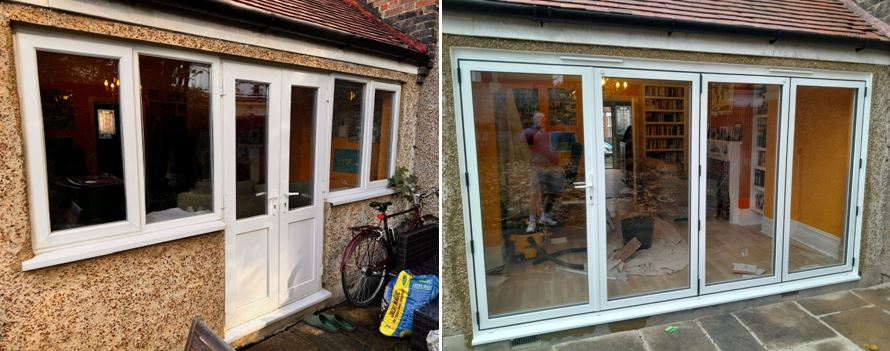 An #Elwyns #Windows work in progress #installation before and after, old french doors to New #Aluminum #bifolds