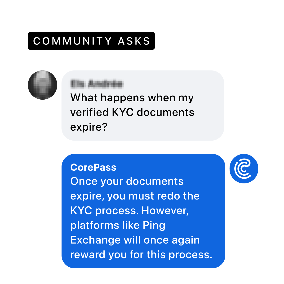 CorePassCC's tweet photo. 🤔 What happens to your KYC documents when they expire? 

❌ The documents get invalidated and you have to redo the KYC process.

🫰 However, platforms like Ping Exchange will reward you for verifying the newest version of your documents and for completing the KYC process. https://t.co/1J0TWzsbBR