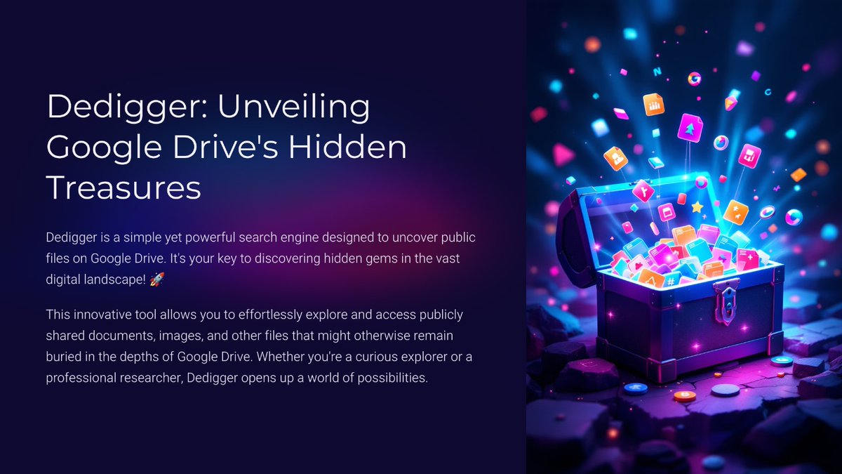 CTIAcademy's tweet photo. What is #Dedigger?
Dedigger is a simple yet powerful search engine that allows you to find public files on Google Drive. It’s designed to help you discover hidden little gems in plain sight! 🚀

Why Dedigger?
Google Drive doesn’t offer a direct option to search for public files. Of course, you can use Google search with specific site parameters like:

🔍 site:https://t.co/WMUdeWxi1p *.png

But this method is far from convenient. Dedigger simplifies the process, enabling you to search and discover files effortlessly and quickly.

How Can Dedigger Help in Cyber Threat Intelligence (#CTI)?

For cyber threat intelligence analysts, Dedigger is a powerful tool for Open Source Intelligence (OSINT). It enables the identification of potentially exposed or leaked files. Here are some practical examples and search parameters:

Searching for Stolen Credential Records (#Stealer Logs):

Discover #leaked credentials or sensitive text files:

site:https://t.co/WMUdeWxi1p passwords.txt  
site:https://t.co/WMUdeWxi1p credentials.xlsx 

Identifying Personal Information and 
Sensitive Data:
Find files containing sensitive or personal information:

site:https://t.co/WMUdeWxi1p ID card  
site:https://t.co/WMUdeWxi1p passport  
site:https://t.co/WMUdeWxi1p "confidential"  

Accessing Reports and Logs:
Locate technical documents or analysis logs:

site:https://t.co/WMUdeWxi1p report.pdf  
site:https://t.co/WMUdeWxi1p logs.txt  

#Malware Analysis and Samples:
Discover malware-related files for analysis:

site:https://t.co/WMUdeWxi1p malware https://t.co/2kTq6YmF2v  
site:https://t.co/WMUdeWxi1p *.exe  

Discovering Images and Graphics:
Analyze visual files for exposed information:

site:https://t.co/WMUdeWxi1p *.png  
site:https://t.co/WMUdeWxi1p *.jpg  

What Makes Dedigger Powerful?

User-Friendly: Search without the need for complex search commands.

Comprehensive Coverage: Find public files across Google Drive effortlessly.

Time-Saving for Analysts: Ideal for #OSINT analysts in CTI to speed up investigations and analyses.

https://t.co/sxQVKERMvY