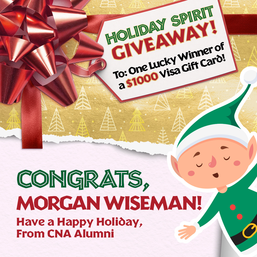 CNAAlumni's tweet photo. We are thrilled to announce that Morgan Wiseman is the winner of our CNA Alumni Holiday Spirit Giveaway and has won $1,000 in Visa Gift Cards! A big THANK YOU to everyone who entered and shared the holiday spirit with us. Have a safe and happy Holidays 🎄⭐️ https://t.co/LbzkJdBz1w