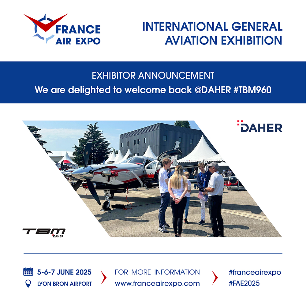 franceairexpo's tweet photo. Exhibitor Announcement! 
We are delighted to welcome back @DAHER_official as an exhibitor at the France Air Expo 2025, the only General Aviation Exhibition in France. 
Join us from June 5-7, 2025 @AroportLYONBRON  
#AVGEEK #GeneralAviation #TBM #Pilots #TBM960
https://t.co/WYLmDiqlwt