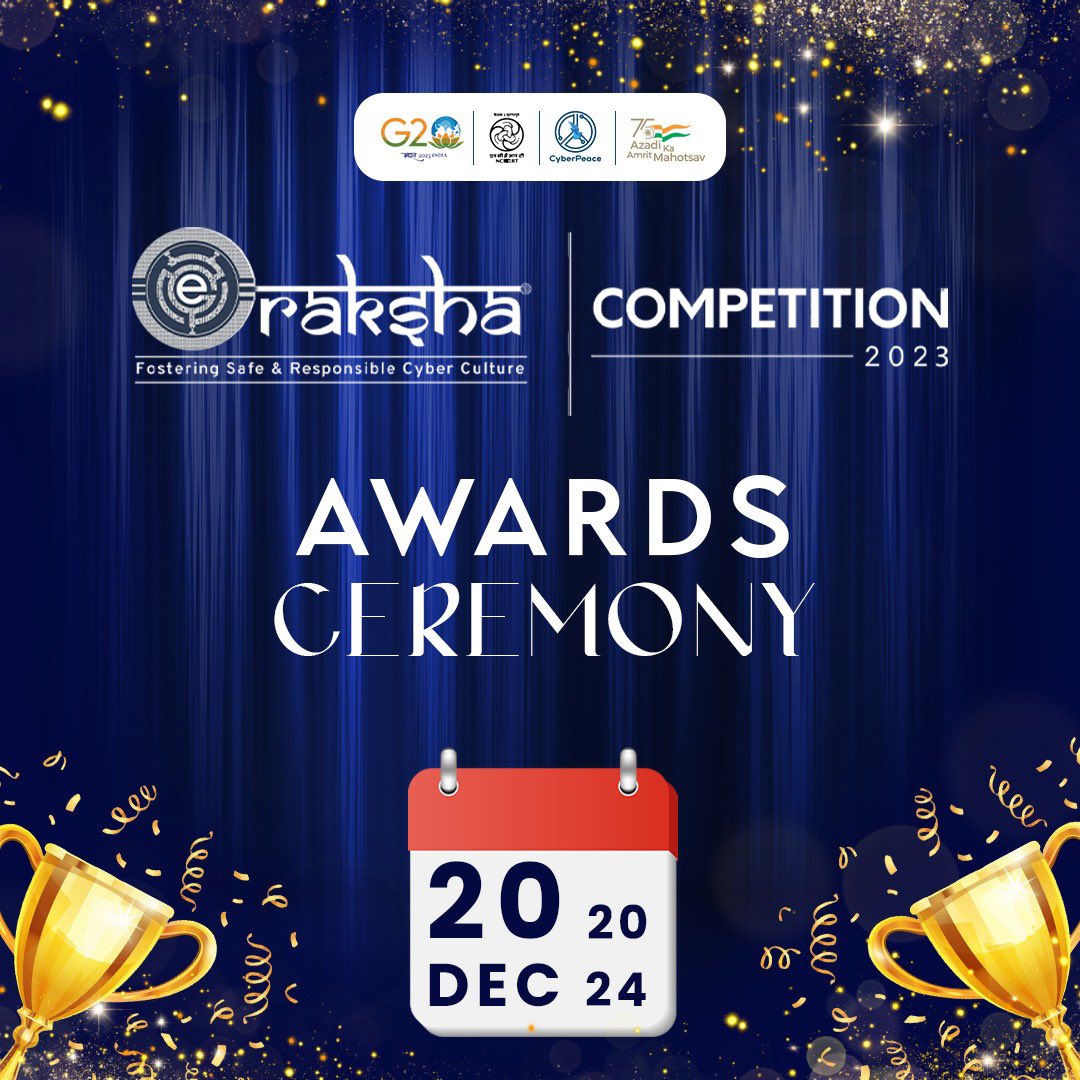 eRakshaofficial's tweet photo. 🎉 Save the date! 🗓️
The #eRakshaAwards 2023 is here to celebrate the brightest minds in #CyberPeaceDialogue. 🏆✨
Join us on December 20th as we honor innovation and excellence!
#CyberPeace☮️ #eRakshaCompetition https://t.co/4NP22M3lM9