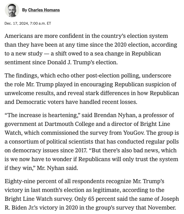 Brendan Nyhan (@BrendanNyhan on 🟦☁️) (@brendannyhan) on Twitter photo Covered in today's NYT by <a href="/chashomans/">Charles Homans</a>
After Trump’s Victory, Republicans Trust the Election System Again Covered in today's NYT by <a href="/chashomans/">Charles Homans</a>
After Trump’s Victory, Republicans Trust the Election System Again