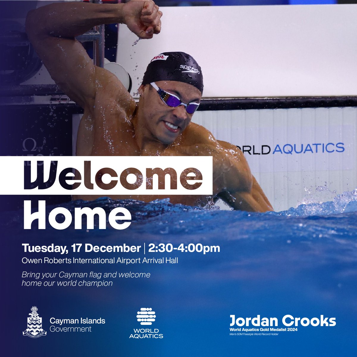 World Champion Swimmer Jordan Crooks returns today! 🏆🏊‍♂️

Join us 2:30 PM at Owen Roberts Int’l Airport to celebrate his record-breaking performance at the World Aquatics Championships. 🇰🇾  Bring your flags and wear your national colours! 🥳🙌

 #JordanCrooks #WelcomeHome