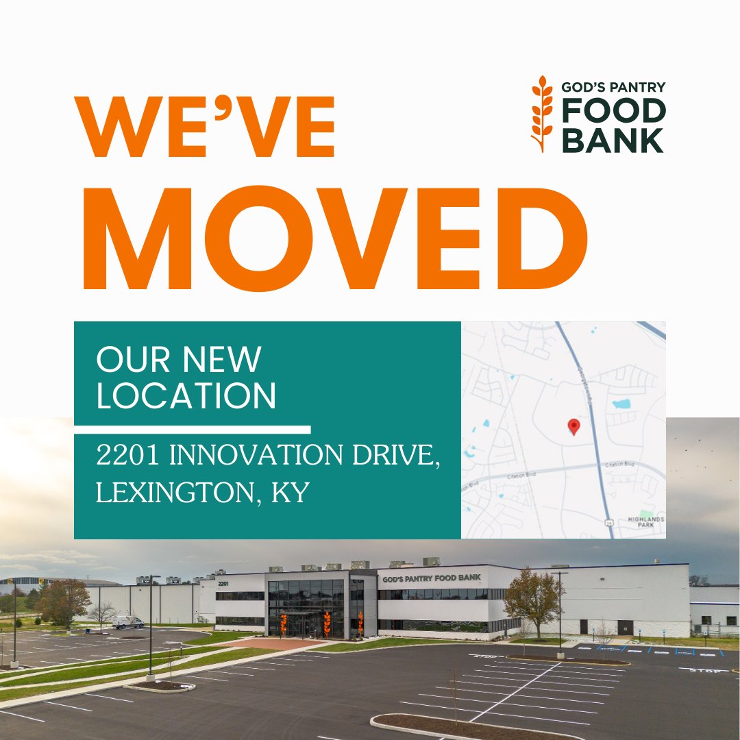 God's Pantry Food Bank has moved! Our new address is 2201 Innovation Drive, Lexington, KY 40511. 

We look forward to continuing our work with your support and invite you to visit us once we’ve settled in! #GPFB #2201Innovation #MakingHungerVisible