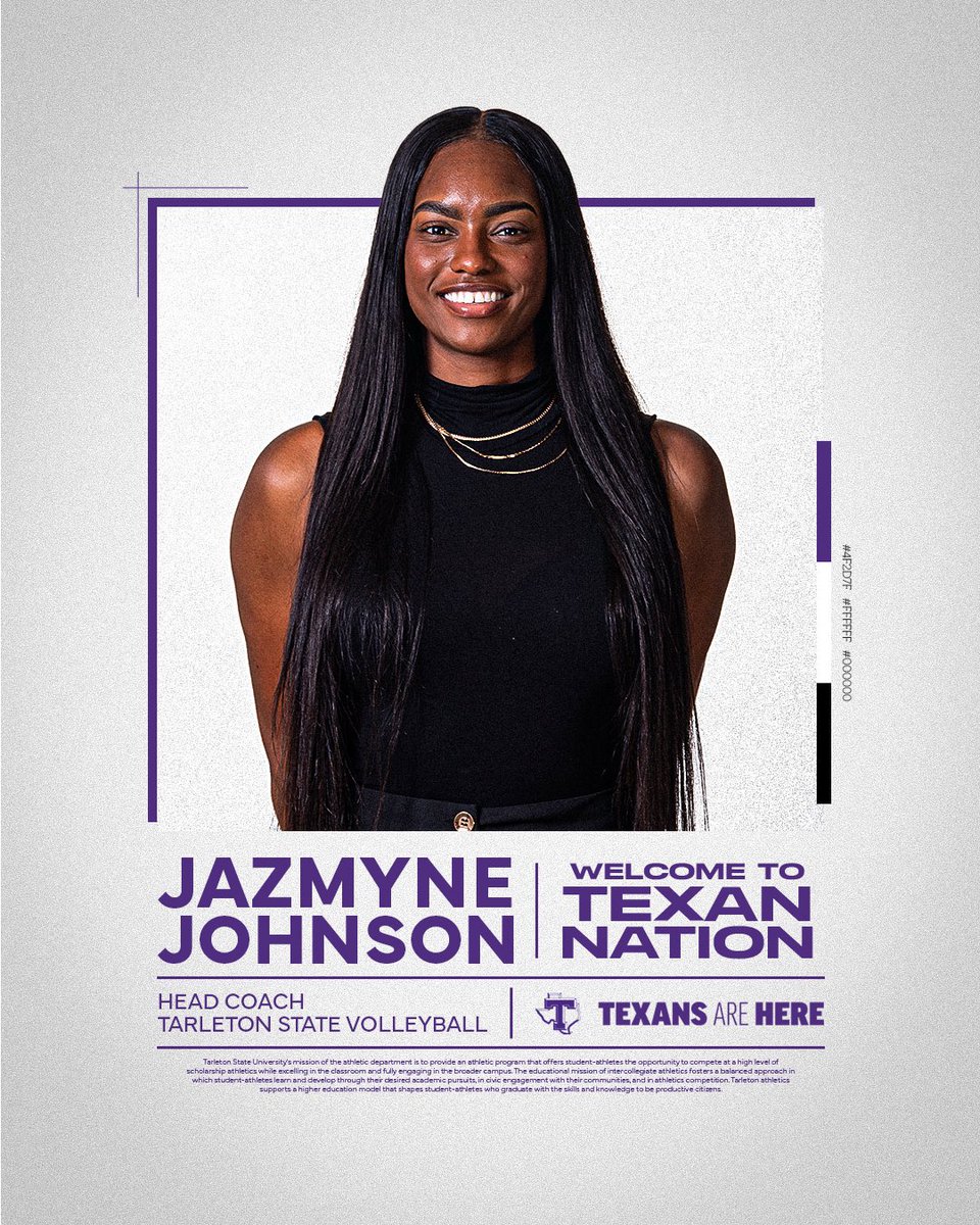 Tarleton State Volleyball (@tarletonvb) on Twitter photo Introducing the next head coach of Texan Volleyball, Jazmyne Johnson! โญ๏ธ
Welcome <a href="/_jazjohnson/">Jaz Johnson</a>!
Story: tinyurl.com/33xpzwue Introducing the next head coach of Texan Volleyball, Jazmyne Johnson! โญ๏ธ
Welcome <a href="/_jazjohnson/">Jaz Johnson</a>!
Story: tinyurl.com/33xpzwue