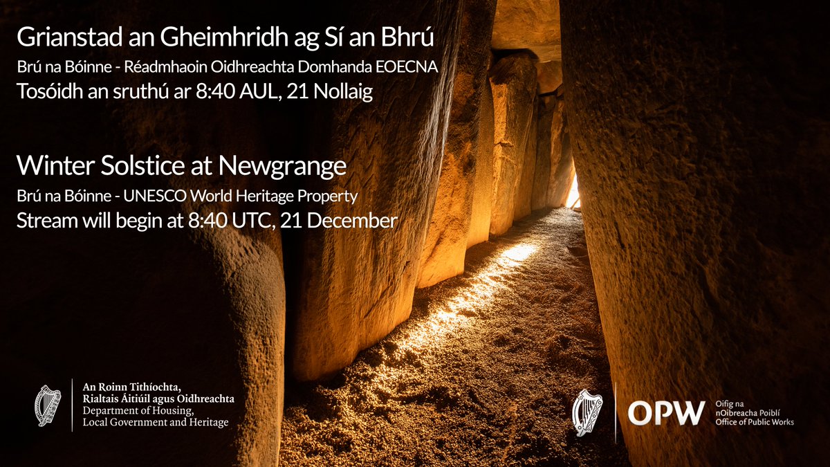 Office of Public Works (@opwireland) on Twitter photo The Winter Solstice #Livestream is here!
Watch live on 21 Dec @ 8:40 UTC
šcutt.ly/Wintersolstice
āļøAccept all cookies to view the stream.
Donāt miss this magical event!
#NewgrangeSolstice #WinterSolstice <a href="/HeritageIreOPW/">Heritage Ireland</a> <a href="/DeptHousingIRL/">Department of Housing, Local Government & Heritage</a> <a href="/brunaboinneOPW/">Brú na Bóinne - Newgrange and Knowth</a> The Winter Solstice #Livestream is here!
Watch live on 21 Dec @ 8:40 UTC
šcutt.ly/Wintersolstice
āļøAccept all cookies to view the stream.
Donāt miss this magical event!
#NewgrangeSolstice #WinterSolstice <a href="/HeritageIreOPW/">Heritage Ireland</a> <a href="/DeptHousingIRL/">Department of Housing, Local Government & Heritage</a> <a href="/brunaboinneOPW/">Brú na Bóinne - Newgrange and Knowth</a>