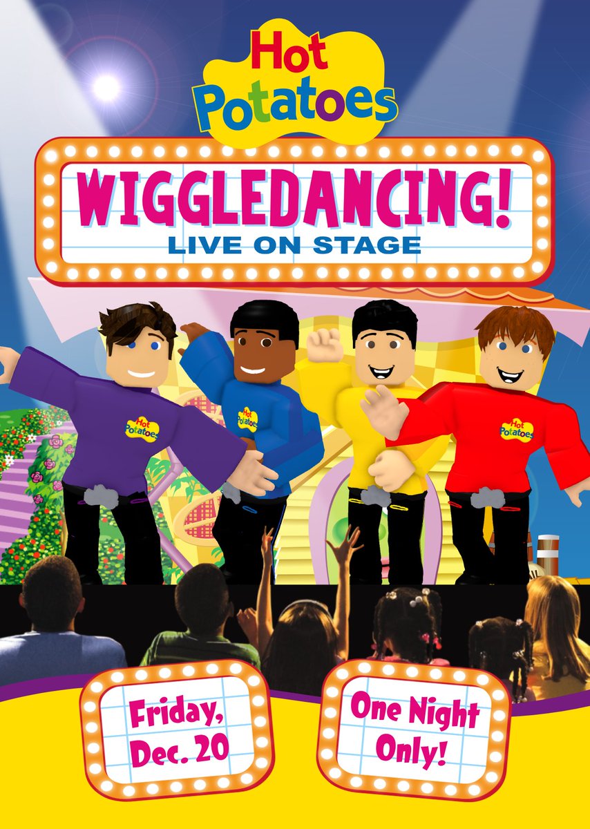 HotPotatoes_RBX's tweet photo. Everybody it's time to dance were back with an all new one night show, WiggleDancing Live On Stage, times are featured down below and hope to see you all soon!!!
5:30pm/CST
4:30pm/MST
3:30pm/PST
11:30pm/GMT
10:30am/AEDT https://t.co/UiW6G88OLQ