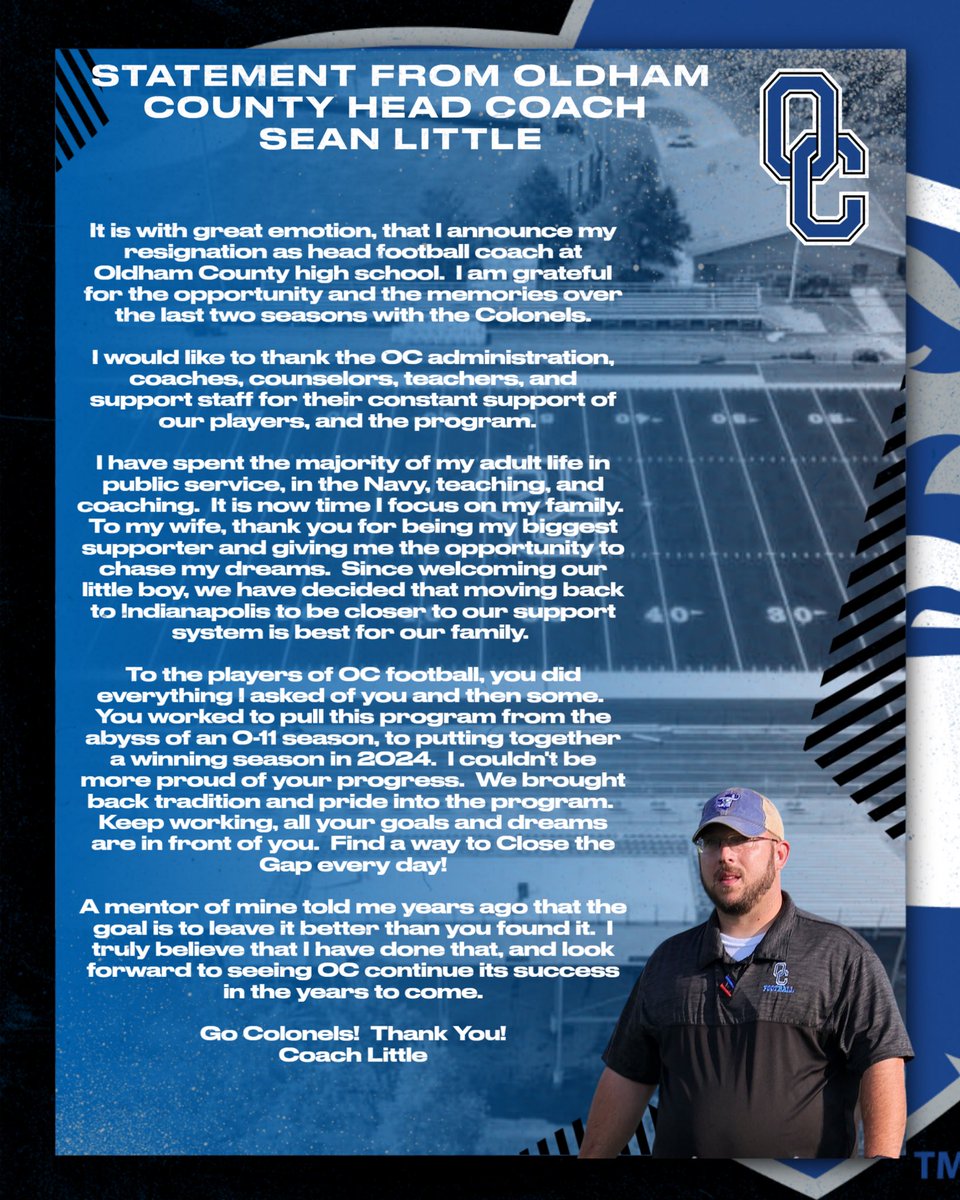 Sean Little (@coachlittle51) on Twitter photo Thank you to the OC community. Being a Colonels is special!
<a href="/OldhamFootball/">Oldham County Football</a> <a href="/OCBoosters/">OCHSAthleticBoosters</a> <a href="/OldhamcoSports/">OldhamCountySports</a> <a href="/OldhamEraSports/">Oldham Era Sports</a> Thank you to the OC community. Being a Colonels is special!
<a href="/OldhamFootball/">Oldham County Football</a> <a href="/OCBoosters/">OCHSAthleticBoosters</a> <a href="/OldhamcoSports/">OldhamCountySports</a> <a href="/OldhamEraSports/">Oldham Era Sports</a>