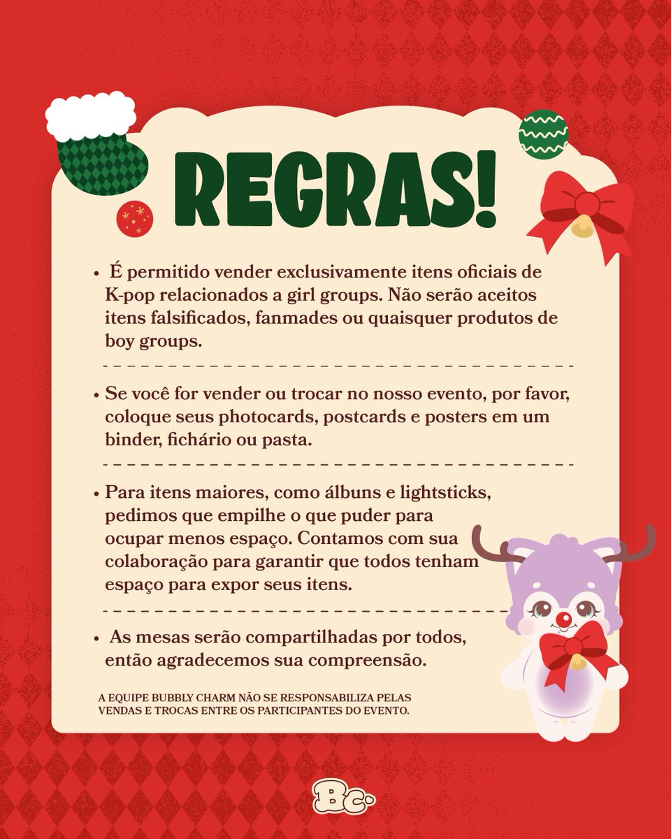 itsbubblycharm's tweet photo. ✨📜 Regras do Bubbly Christmas! 🎄✨

Estamos contando os dias para ver vocês, bubblies! 🩷 Para que todos tenham uma experiência incrível em um ambiente saudável e acolhedor, pedimos que leiam atentamente nossas regras.

Se surgir qualquer dúvida, é só chamar – estamos à disposição! 🎅🏼🎁

#BUBBLYCHRISTMAS #CELEBRATE