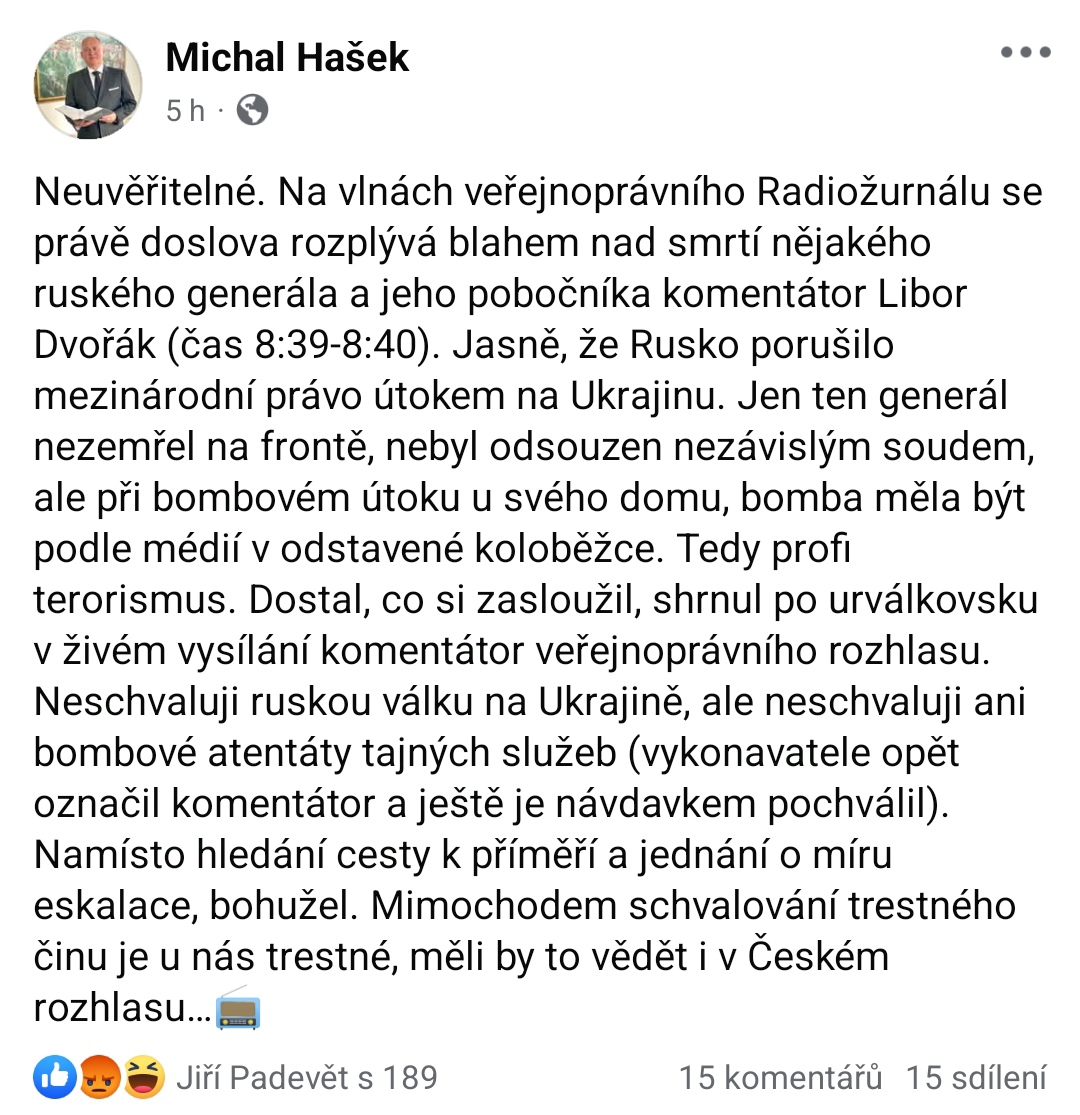 Kdyby žil před osmdesáti lety, nejspíš by odsoudil atentát na Heydricha s tím, že Heydrich nezemřel na frontě, že to je profi terorismus, Heydrich nebyl odsouzen nezávislým soudem a že to je eskalace namísto hledání cesty k příměří a jednání o míru. 🤮🤮🤮