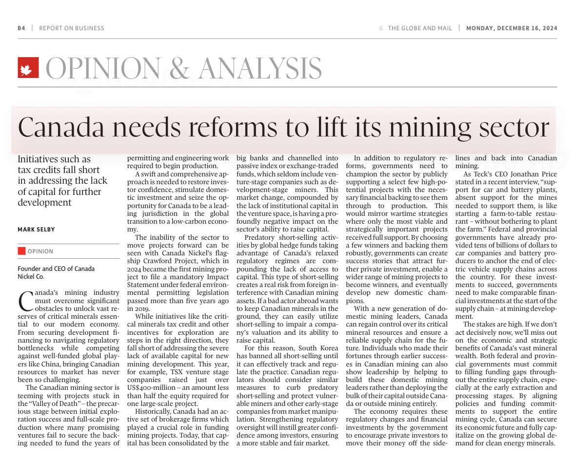 CanadaNickel's tweet image. Now more than ever, decisive action on funding, regulation, and creating a stable investment environment is essential to position Canada as a global leader in #cleanenergy minerals. 1/3