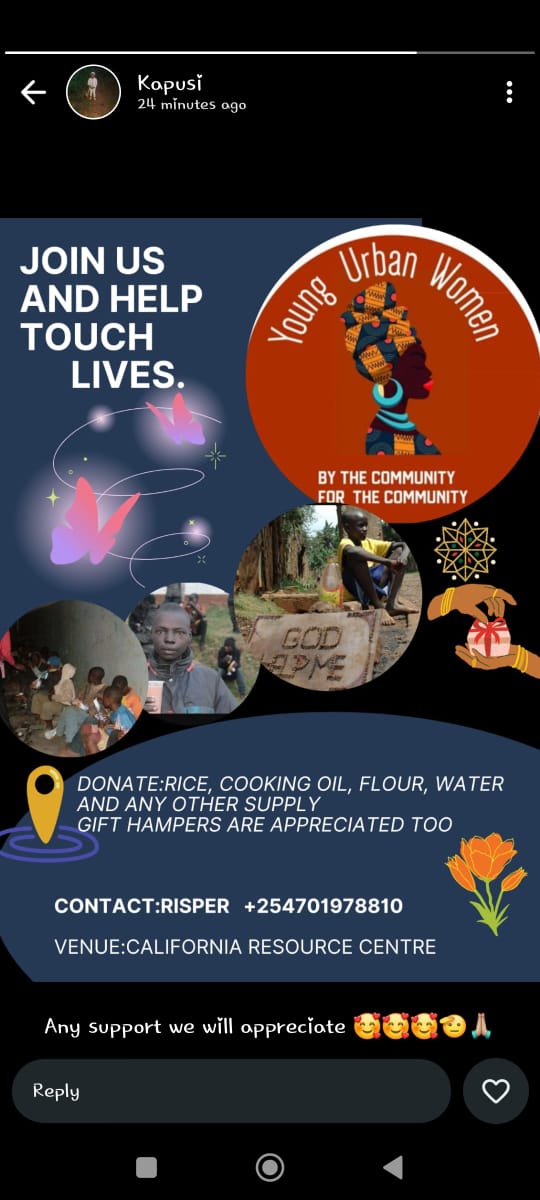 We want to touch heart of 250 street and orphans this festive let's make it happen
<a href="/ActionAid_Kenya/">ActionAid Kenya</a> 
<a href="/ayt_org/">Africa Youth Trust</a> 
<a href="/YUWMajengo/">Young Urban Women -Majengo</a> 
@ young urban women Mombasa
<a href="/yuw/">yuwono pramudyo</a> nairobi