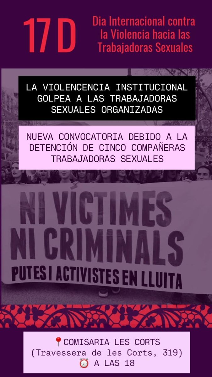 Justo hoy, #17D hablando sobre violencia policial, estigmatización, criminalización, abuso institucional y la falta de acceso a la justicia, nuestras compañeras en Carrer d'En Robador, Barcelona han sufrido violencia policial, 5 trabajadoras sexuales detenidas. 

Apoyo urgente