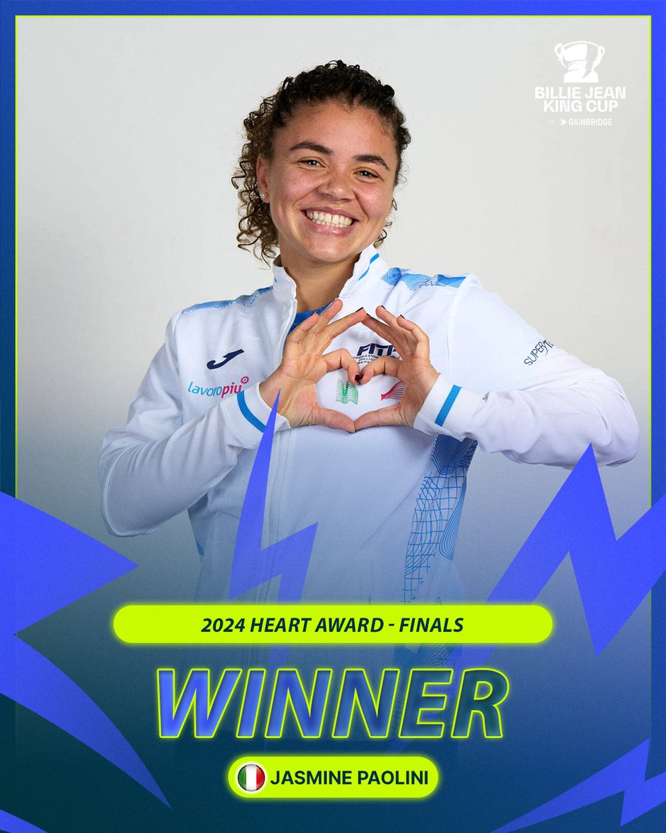 Jasmine Paolini wins the 2024 #BJKCup Finals Heart Award 💜

She becomes the first Italian to win it since Flavia Pennetta in 2015. 

Paolini will donate the $10k prize to Italy's Make a Wish charity ✨