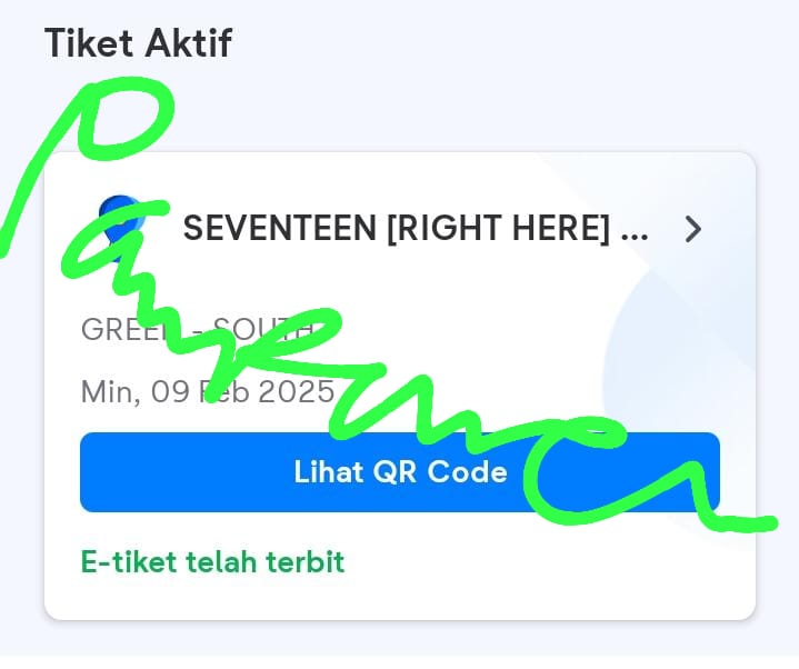 Help RT!!!

WTS Seventeen Right Here concert tix!
Green South Day 1 1 tix &amp; Day 2 2 tix HARGA NORMAL + TAX ONLY
Boleh DP dulu 50% dan dicicil sampe hari H.

Dijual karena pindah section, bisa dm ke twt nya <a href="/cotton17dky/">(⁠~⁠￣⁠³⁠￣⁠)⁠~</a> atau ig <a href="/khashaa17/">Panpanew.</a>