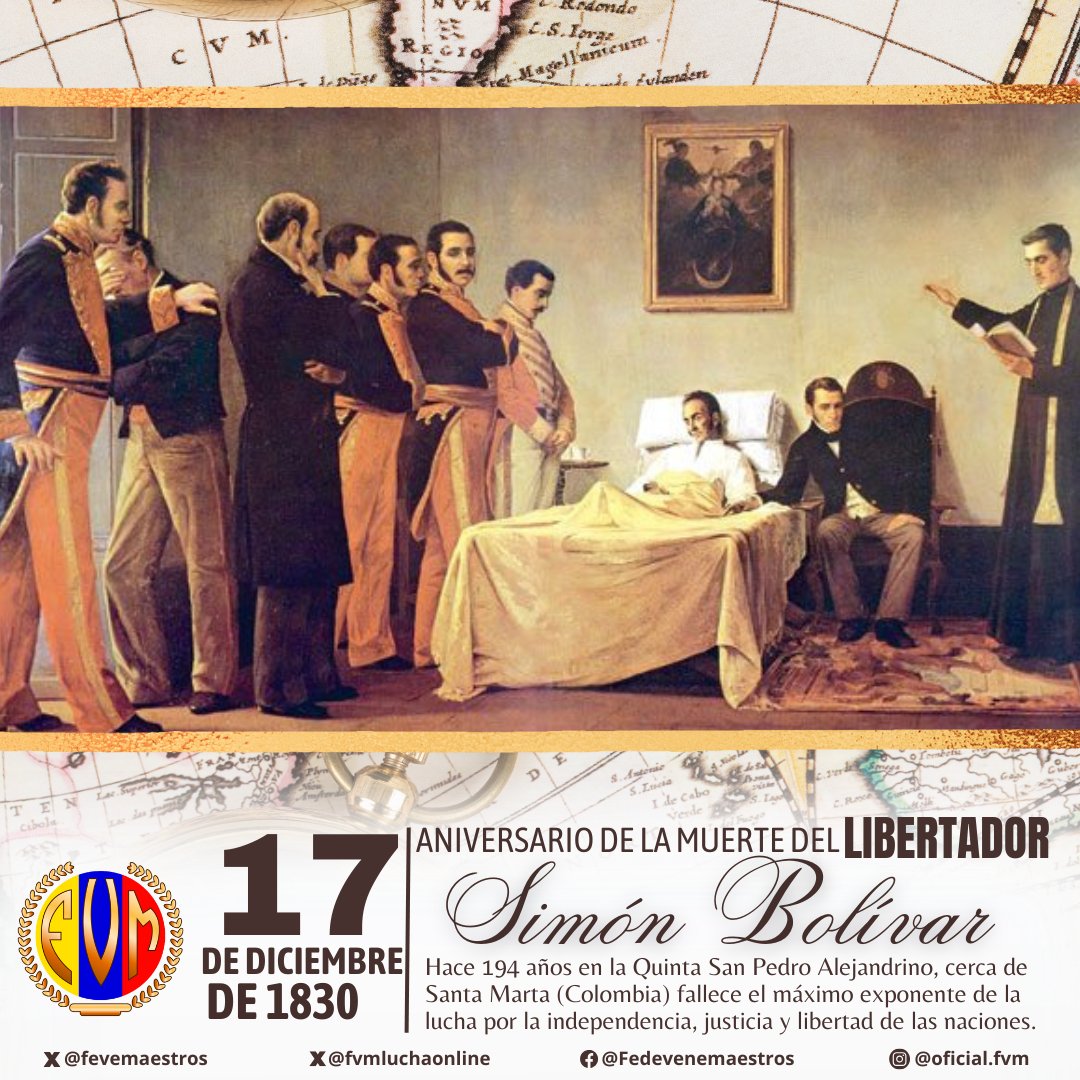 #17Dic | Fallece el Libertador Simón Bolívar, máximo exponente de la lucha por la independencia, justicia y libertad de América.

“La vida es corta, no sé cuando la puedo perder; un día perdido es irreparable”, Simón Bolívar (Carta al Gral. Urdaneta, 24 de agosto de 1821).