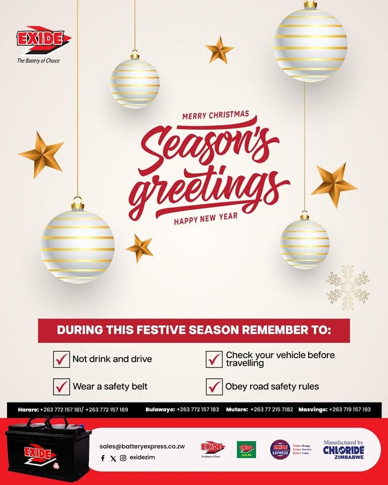 From our Exided family to yours, here's to a merry festive season and a prosperous 2025!
#exidethebatteryofchoice
#esteemedbrands
#triedandtested
<a href="/EsteemComms/">Esteem Communications</a> <a href="/KUDZIELISTER2/">KUDZIELISTER</a> <a href="/Mavhure/">Rufaz--Jerera❤King❤</a> <a href="/takemorem1/">Takemore Mazuruse</a> <a href="/zimlifestylehub/">Zim Lifestyle Magazine</a>
