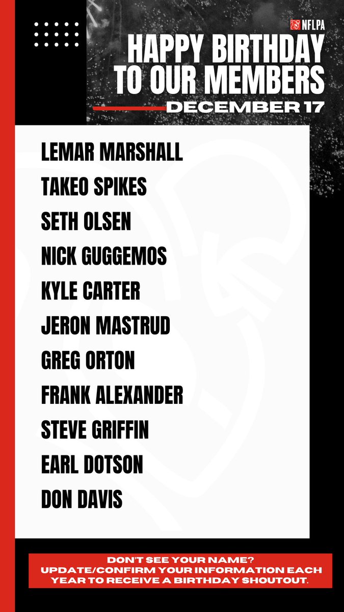 NFLPA Former Players (@nflpafmrplayers) on Twitter photo Happy birthday to our members <a href="/LemarMarshall/">Lemar Marshall</a> <a href="/TakeoSpikes51/">Takeo Spikes, M.B.A</a> <a href="/SethOlsen/">Seth Olsen</a> <a href="/NickGuggemos/">Nick Guggemos</a> <a href="/KCarter_87/">Kyle Carter</a> <a href="/JeronMastrud/">Jeron Mastrud</a> <a href="/GO_21/">Greg Orton</a> <a href="/frankalex90/">Frank Alexander</a> <a href="/realdondavis/">Dr. Don Davis</a> - Wishing all the best for you! Happy birthday to our members <a href="/LemarMarshall/">Lemar Marshall</a> <a href="/TakeoSpikes51/">Takeo Spikes, M.B.A</a> <a href="/SethOlsen/">Seth Olsen</a> <a href="/NickGuggemos/">Nick Guggemos</a> <a href="/KCarter_87/">Kyle Carter</a> <a href="/JeronMastrud/">Jeron Mastrud</a> <a href="/GO_21/">Greg Orton</a> <a href="/frankalex90/">Frank Alexander</a> <a href="/realdondavis/">Dr. Don Davis</a> - Wishing all the best for you!