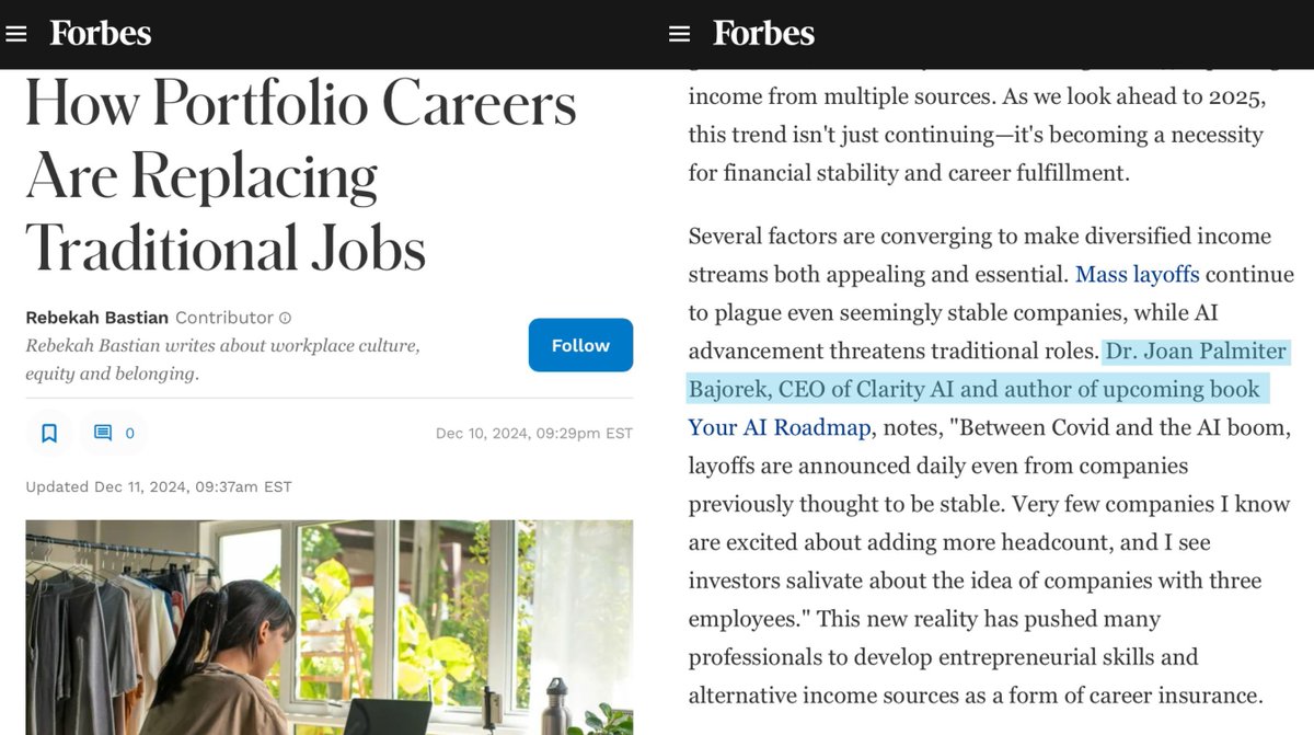 😱 I’m in Forbes! this was on my vision board. Now it’s REAL!!! ✨✨✨
Written by the brilliant @Rebekah Bastian
The article "How Portfolio Careers Are Replacing Traditional Jobs" is a full-circle moment
buff.ly/4g8l961
#AI #Career #Goals