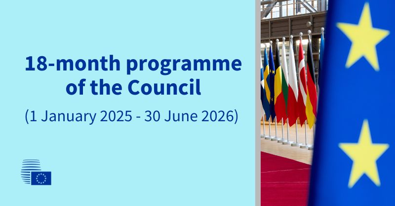 EUCouncilPress's tweet photo. .@EUCouncil today endorsed its 18-month programme, covering the period from 1 January 2025 until 30 June 2026.

Read the programme, prepared by the upcoming 🇵🇱, 🇩🇰 and 🇨🇾 presidencies and High Representative @kajakallas, Chair of #FAC 

👇
