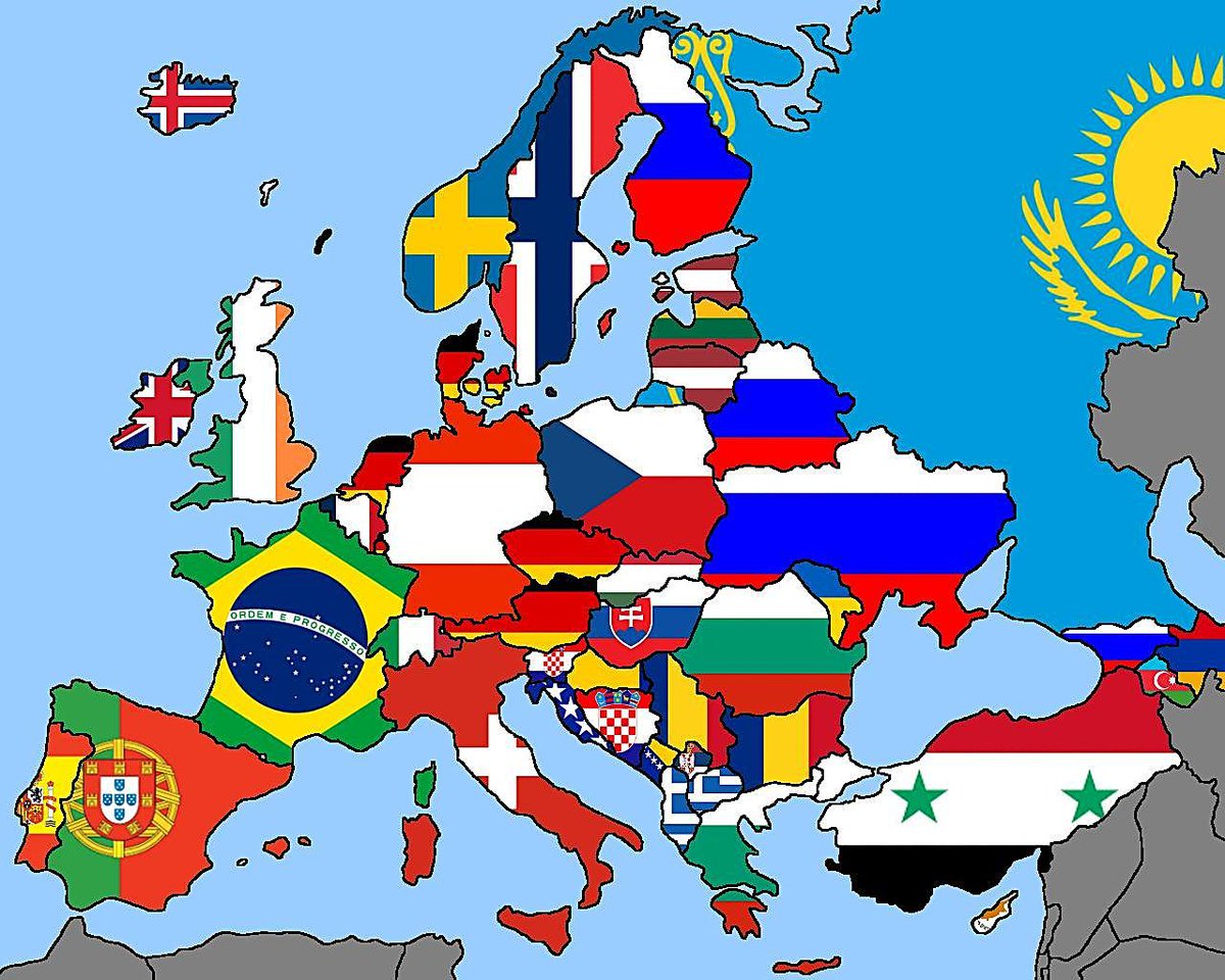 MinecraftV13038's tweet image. Um mapa de bandeiras da Europa onde cada bandeira é determinada pelo país com o qual compartilha a maior fronteira.