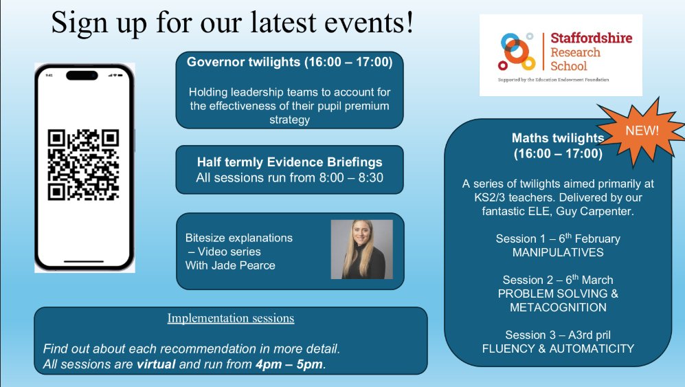 Staffordshire Research School @ John Taylor (@jtstaffsrsch) on Twitter photo Want to be up to date with research and know how to apply it to make a difference for your pupils?
Sign up for our free CPD events here - researchschool.org.uk/staffordshire/…
We will be sending out <a href="/PearceMrs/">Jade Pearce</a> interleaving video this week so don't miss out! Want to be up to date with research and know how to apply it to make a difference for your pupils?
Sign up for our free CPD events here - researchschool.org.uk/staffordshire/…
We will be sending out <a href="/PearceMrs/">Jade Pearce</a> interleaving video this week so don't miss out!
