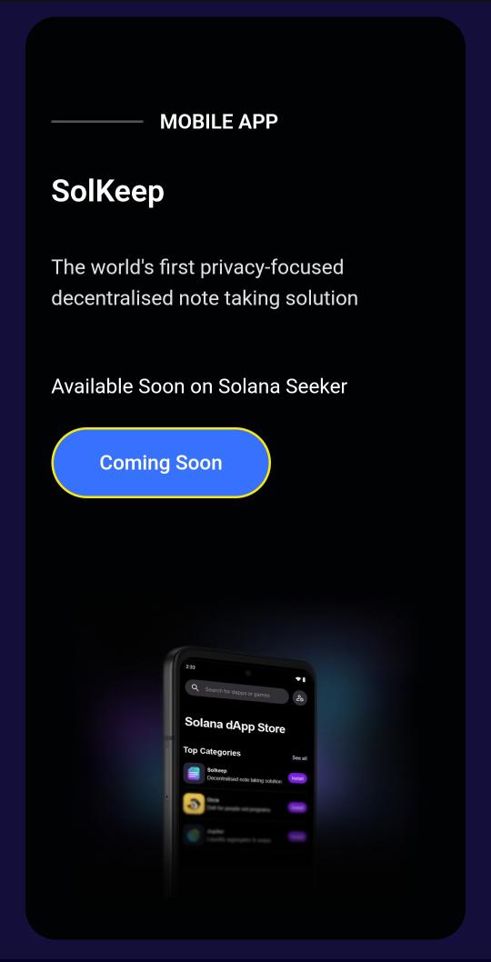 solkeepofficial's tweet photo. SolKeep keeps your ideas private and entirely within your control.
For those who value privacy, ownership, and innovation, SolKeep transforms your notes into lasting, secure assets.

#SolKeep #Solana #DecentralNote https://t.co/M3YUPX59CP