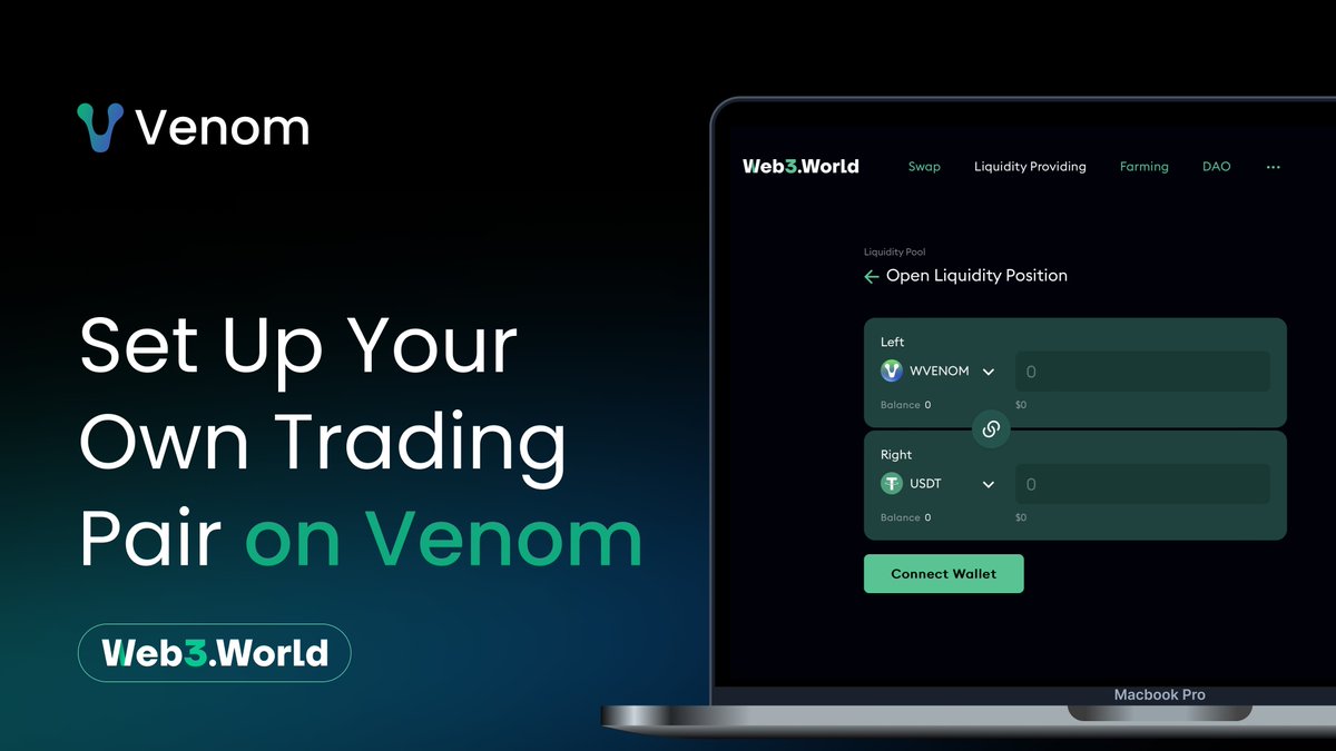 🌐 Ready to Take Your Token to the Next Level? 🌐

Last time, we showed you how to create your own token on Venom. Now it’s time to make that token tradable!

In DeFi, trading pairs let users seamlessly swap one token for another. Each trade shifts token balances, influencing