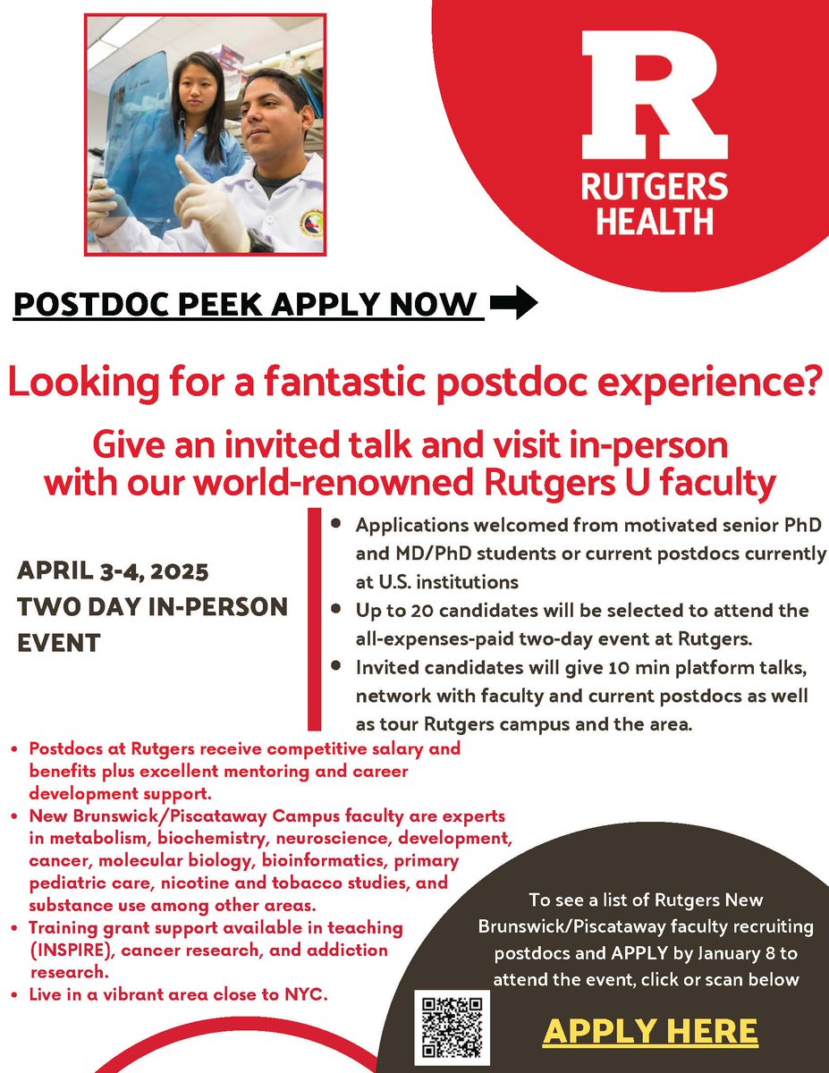 molecularpepsi's tweet image. 🚨 Announcing the Rutgers Postdoc Peek! 🚨

Are you a senior PhD or MD/PhD student (or a current postdoc) at a U.S. institution? This is your chance to explore an exceptional postdoc experience at Rutgers Health on the New Brunswick/Piscataway campus!

✨ Why Apply?…