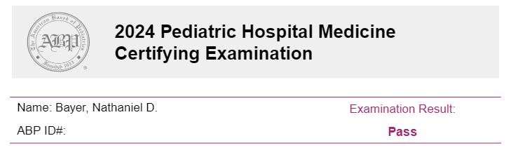 So excited to share... I'm a board-certified pediatric hospitalist! Thank you to <a href="/CincyPHM/">Division of Hospital Medicine</a> Board Review course cincyphm.org/overview, practice PREP questions from <a href="/AmerAcadPeds/">American Academy of Pediatrics</a>, support from colleagues <a href="/URMed_GCH/">Golisano Children's Hospital</a>, and even <a href="/PrometricGlobal/">Prometric Global</a> for the test center #PHMboards2024