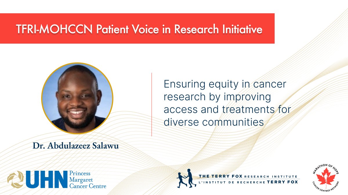 Princess Margaret Cancer Centre Research (@pmresearch_uhn) on Twitter photo Dr. Abdulazeez Salawu from <a href="/pmcancercentre/">Princess Margaret Cancer Centre</a> <a href="/UHN/">University Health Network</a>, leads a team of collaborators from Toronto and Montreal to address disparities in access to cancer research🏃. This effort is supported by new funding from <a href="/tfri_research/">Terry Fox Research Institute</a> <a href="/marathonofhope/">Marathon of Hope Cancer Centres Network</a>’s Patient Voice in Research Initiative. Dr. Abdulazeez Salawu from <a href="/pmcancercentre/">Princess Margaret Cancer Centre</a> <a href="/UHN/">University Health Network</a>, leads a team of collaborators from Toronto and Montreal to address disparities in access to cancer research🏃. This effort is supported by new funding from <a href="/tfri_research/">Terry Fox Research Institute</a> <a href="/marathonofhope/">Marathon of Hope Cancer Centres Network</a>’s Patient Voice in Research Initiative.