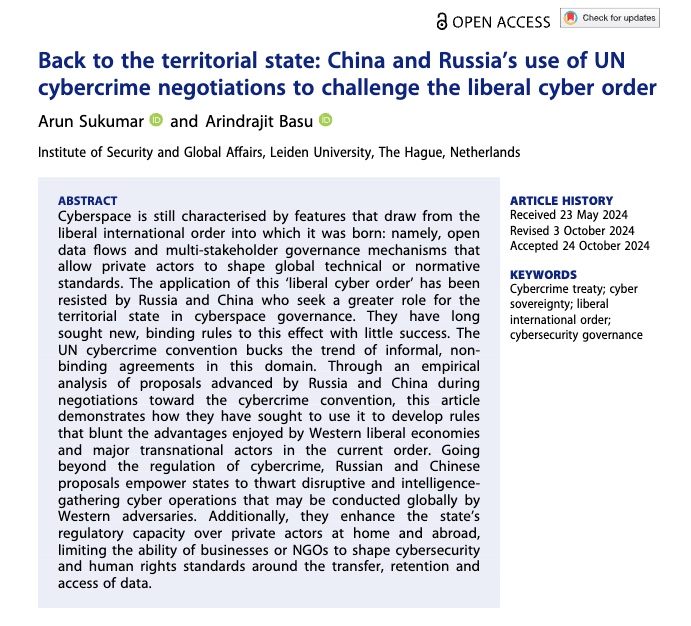 Arun Sukumar (@arunmsukumar) on Twitter photo 🚨 NEW in Journal of Cyber Policy: <a href="/BasuArindrajit/">Arindrajit Basu</a> and I reviewed all Russian and Chinese proposals placed before the UN Ad Hoc Committee that negotiated a global cybercrime convention, and examined their impact on the "liberal cyber order". 🚨 NEW in Journal of Cyber Policy: <a href="/BasuArindrajit/">Arindrajit Basu</a> and I reviewed all Russian and Chinese proposals placed before the UN Ad Hoc Committee that negotiated a global cybercrime convention, and examined their impact on the "liberal cyber order".