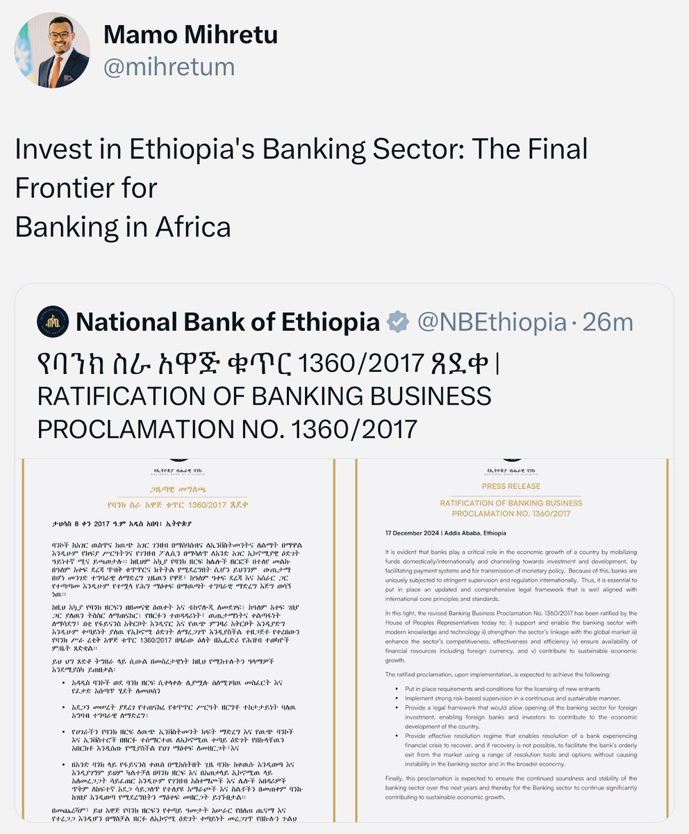 fitsumaregaa's tweet photo. #Ethiopia opens its banking sector to foreign banks, a historic milestone for one of Africa’s major markets. This move promises to drive investment, innovation, and competition, modernizing the financial sector. A significant leap forward! https://t.co/tw2kk9rYVi