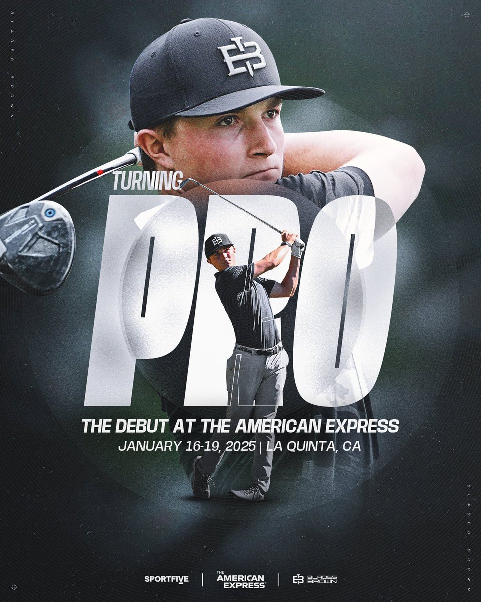 Blades Brown (@bladesbrown2026) on Twitter photo I am excited to announce that after much prayer and seeking advice from those I trust, I am ready to begin the next chapter of my golf career and will be competing as a professional in 2025.
I will be making my professional debut at <a href="/theamexgolf/">The American Express ยฎ</a> in La Quinta January 16-19. I am excited to announce that after much prayer and seeking advice from those I trust, I am ready to begin the next chapter of my golf career and will be competing as a professional in 2025.
I will be making my professional debut at <a href="/theamexgolf/">The American Express ยฎ</a> in La Quinta January 16-19.