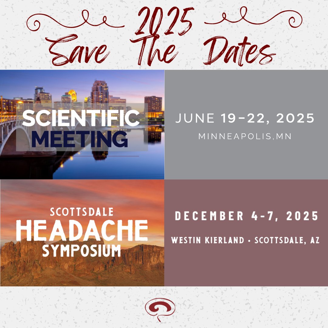 With the new year quickly approaching, save the dates for two exciting meetings in 2025! Join AHS at #AHSAM, June 19–22 in Minneapolis, MN, and #AHSAZ Dec. 4-7 in Scottsdale, AZ. Don’t miss these opportunities to connect and advance the field of #headache medicine. Keep an eye